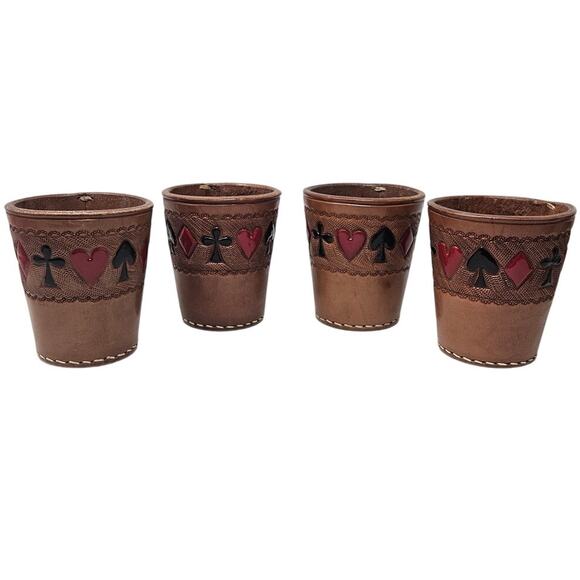 Set of 4 Vintage 60s Pugsley Stamped Leather Cups Deck of Card Suits Brown - Picture 1 of 5